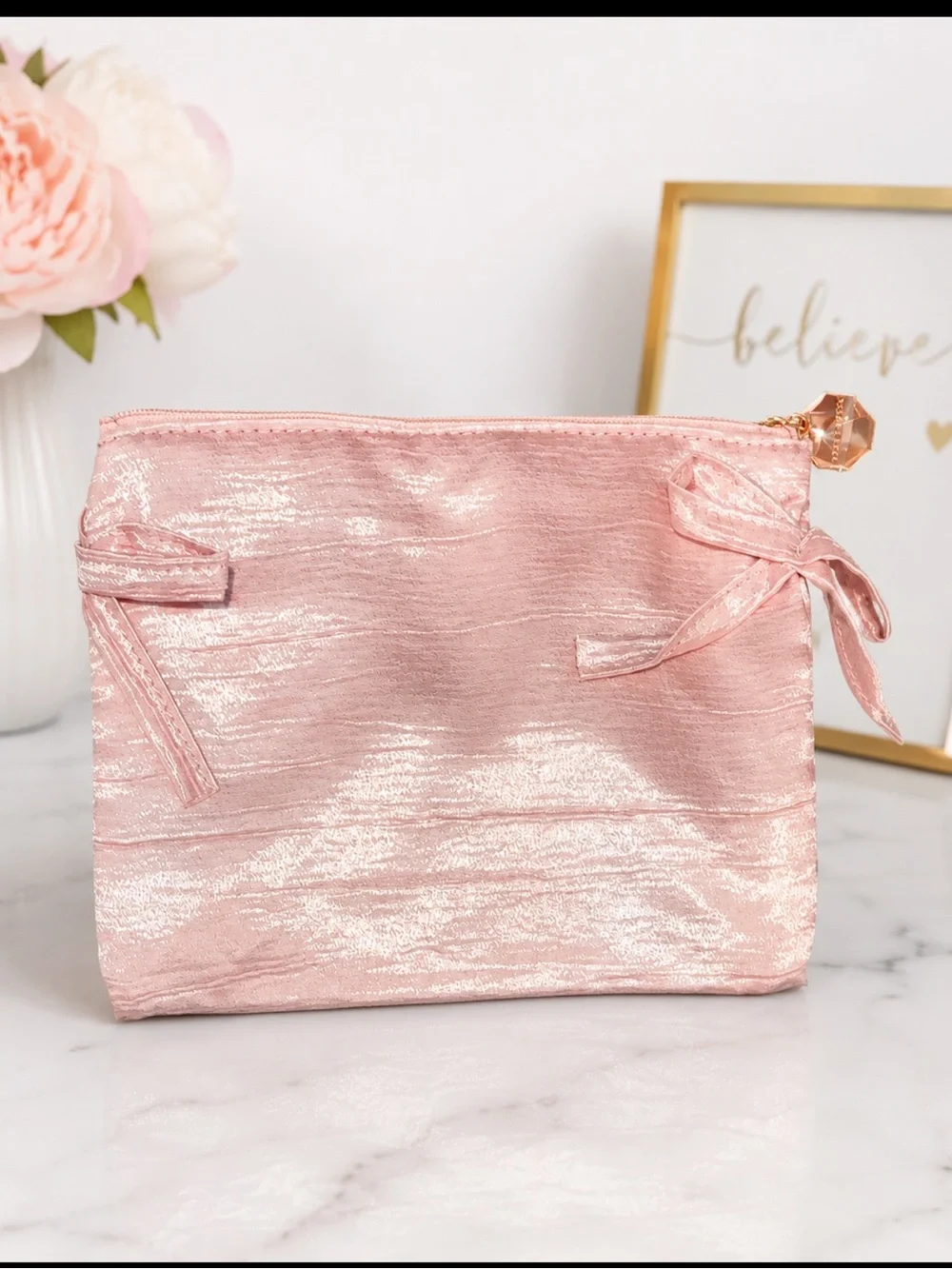 Dear Dahlia Pink Shimmer Satin Cosmetic Bag